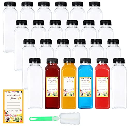 DANALLAN 24Pcs12oz Empty Juice Bottles with Caps, Premium Reusable Plastic Bottles Juice Container Transparent Black Leak-proof Lids for Drink Juice Smoothie Milk Beverages Water