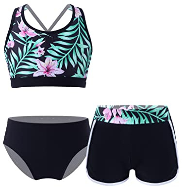MSemis Bikini Niña de Playa Bañador Flores de Natacion Traje de Baño niña de Tres Piezas Crop Top+Braga+Pantalónes Cortos Ropa de Baño