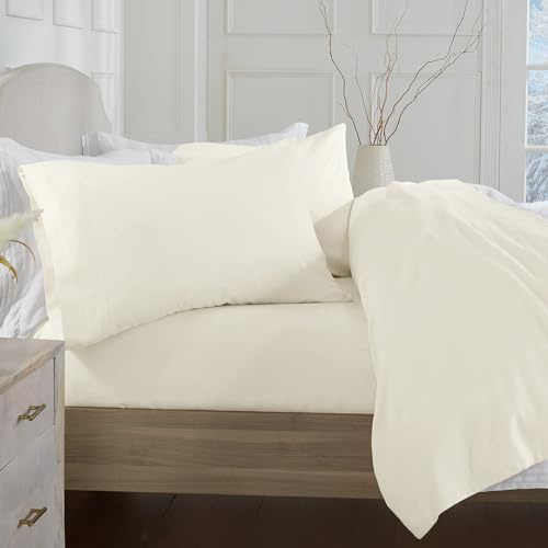 Market & Place 100% Turkish Cotton Flannel Sheet Set | 4 Piece Deep Pocket Solid Cozy Winter Bed Sheets | Double Brushed for Extra Softness & Comfort | Chalet Collection (Queen, Ivory)