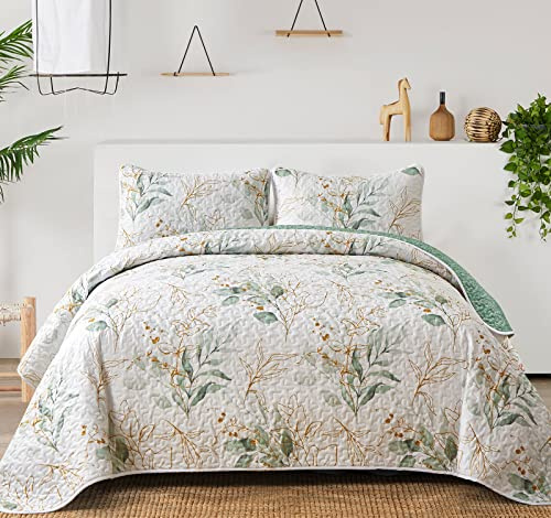 Juego de edredón de 3 piezas tamaño Queen, ropa de cama reversible de hojas verdes botánicas, colcha de microfibra suave para todas las estaciones (90 x 90 pulgadas, 1 edredón + 2 fundas de almohada)