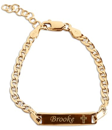 Cherished Moments Personalized 14K Gold-Plated Children's I.D. Bracelet with Cross for Baptism or Christening, Custom Baby Jewelry with Engraved Name (0-12 Months)