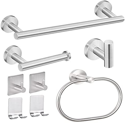 Linyoish 8 Pezzi Set Accessori Bagno Acciaio inossidabile Portasciugamani, porta carta igienica, anello portasciugamani, gancio per accappatoio, ganci adesivi, porta rasoio adesivo (Argent)