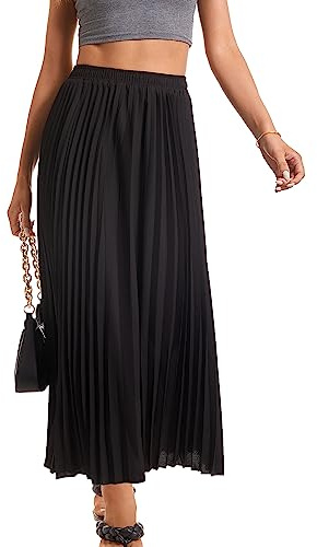 TEERFU Dam elastisk hög midja blommig veckad kjol chiffong swing A-linje strand maxikjol, Svart, XL