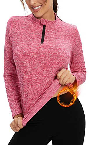 Damen Fleece Laufshirt Fleecepullover Langarm, 1/4 Reißverschlus Funktionsshirt Thermo Atmungsaktive Sportshirt Fitness Shirt Winter Warm,Rosa,L