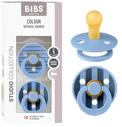 BIBS Colour Studio Soother 2-Pack, BPA Free Dummy Pacifier, Round Nipple. Natural Rubber Latex, Made in Denmark, Size 1 (0-6 Months), Pin Sky Blue