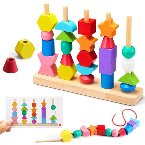 ZGIMI Montessori Spielzeug ab 3 4 5 Jahre Motorikspielzeug Fädelspiel Bausteine Sortierspiel für Kinder, Holz StapelspielFeinmotorik Lernspiele Geschenk für Baby Junge Mädchen