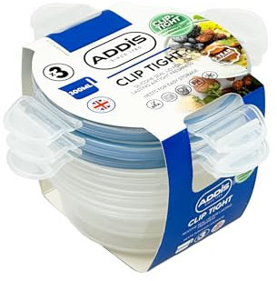Addis Clip Tight Food Storage Containers 300 ml Round Pack Of 3 Airtight Containers Bpa Free Easy Locking Lid Clips, Clear Transparent