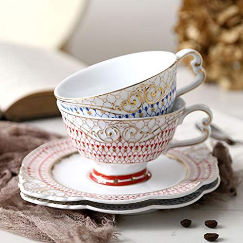 ZHCHAO Coffee Cup Vintage rilievo in ceramica e piattino, Tazza, Prima colazione cucina Home Office Timpani(3-Pack)