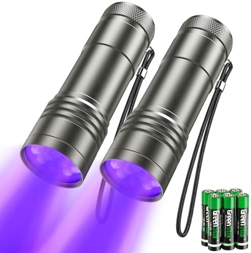 Linterna UV de 2 unidades, mini linterna UV con 12 ledes, luz ultravioleta con 395 nm para geocaching, detectores de orina de mascotas, detector de orina, etc. Incluye 6 pilas AAA
