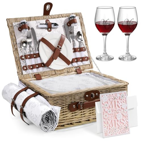 Picnic Basket for 2, Bridal Shower Gift Wedding Gifts with Mr Mrs Wine Glasses and Greeting Card, Engagement Newly Weeding Gifts for Couples 2026, Wicker Picnic Set Kit with Blanket Cooler for Beach
