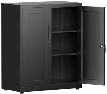 LVSTEEL Aktenschrank, abschließbarer Mehrzweckschrank mit 2 höhenverstellbaren Einlegeböden, Stahl-Büroschrank mit 2 Türen, Schwarz, 91.5×75×40 cm