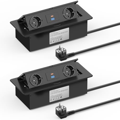2-pack infällbara uttag med USB C PD20 W, aluminium inbyggt uttag, sänkbart uttag för bänkskiva kök kontor 2500 W/10 A, 1,8 m kabel, svart
