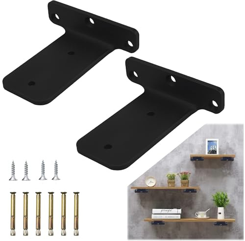 Soporte Estanteria Pared, 10cm Escuadras para Estanterias con Tornillos Metalicas Soportes para Estanterías Flotantes Invisibles para Salón Cocina Comedor, Negro, 2 Piezas