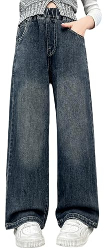 Generisch 2025 Filles Jeans Jambes Larges Pantalon Denim Pantalon Taille Haute Élastique Décontracté Avec Poches Enfants 6 14Y Ensemble de Pantalons Filles, bleu, 11-12 ans