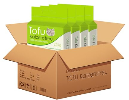 Dr. Graf Tofu kattströ, 100 % naturlig, innovativ klumpströ, luktfri, helt vattenlöslig, biologiskt nedbrytbar, dammfri, extremt absorberande och snabbtorkande (4 x 2,5 kg)