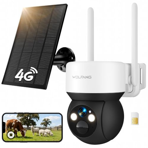 WOLFANG 4G Övervakningskamera Utomhus (32GB MicroSD Ingår), Solcellsdriven Trådlös Mobil Säkerhetskamera med SIM-kort (Ingen WiFi), 2K HD, PIR Rörelsedetektering, Mörkerseende i Färg, 2-vägsljud