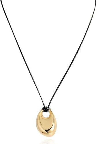 CWVHQ Black Leather Cord Pendant Necklace for Women Goth Long Simple Rope Chain Teardrop Bean Pendant Necklace Boho Rope Statement Trendy Accessories (gold)