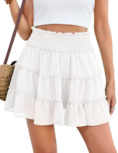 CMTOP Falda Mujer Corta Verano Cintura Alta Elástica Minifalda Volantes Tul Ligeros Fluido Falda A-Line Mini Falda Color Sólido Casual Chic de Playa Falda con Forro Pantalón Corto
