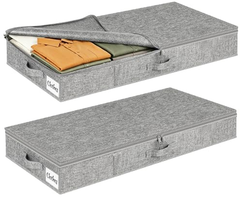 Unterbett Aufbewahrungsbox 13 cm mit Deckel, 2 Stück Faltbare Unterbettkommode Stabil, Platzsparend Kleideraufbewahrung & Organisation mit 3 Griffen, Waschbar Bettkasten für Kleidung & Decken, Grau