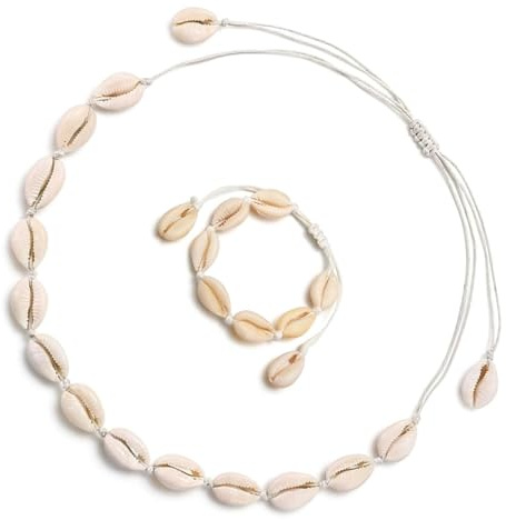 Haefan Shell Necklace Bracelet Set, Natural Shell Choker Necklace Set 2Pcs