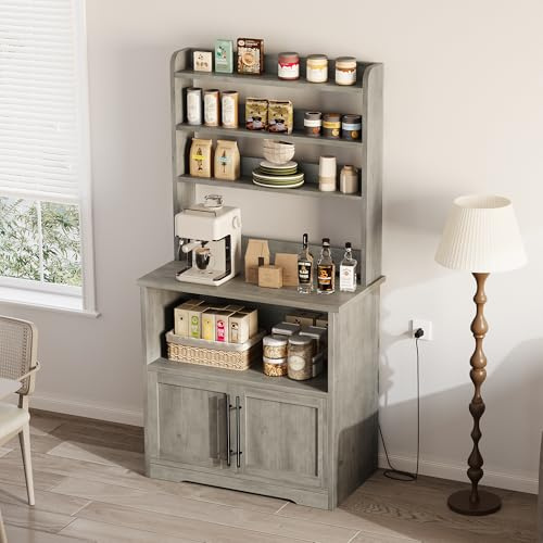 Zstar Meuble étagère de Cuisine Multifonction – Grand Support Micro-Ondes avec Armoire, Plan de Travail épais, Station café, Style Rustique Gris – Rangement spacieux – Alimentation US 2 Ports AC + 2A
