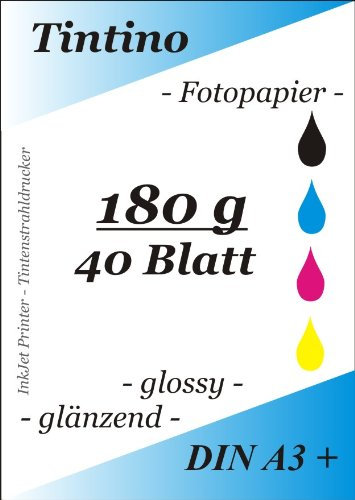 A3+ - 40 Blatt Fotopapier Photopapier DIN - A 3 + - 180g/qm - 480 x 330 mm - glossy glaenzend - sofort trocken - wasserfest - hochweiß - sehr hohe Farbbrillianz fuer InkJet Drucker Tintenstrahldrucker