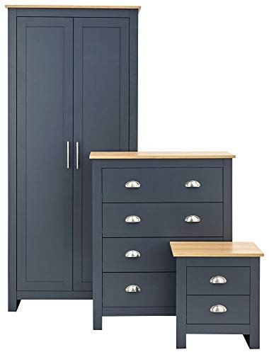 GFW Lancaster 3 Piece Bedroom Set Slate Blue Bedside Cabinet Chest Of Drawers Wardrobe