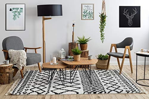 rugsx Teppich hochflor Berber Shaggy, Franse, marokkanischer Stil, für Zimmer, Wohnzimmer, Schlafzimmer, SAFI Weiß/Schwarz 80x150 cm