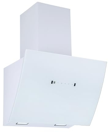 Respekta Cappa Isola senza Cappa, Cappa inclinata 60 cm, Guscio in acciaio inox con paralume in vetro Bianco, Funzione di scarico e ricircolo d'aria, CH99060WA, A, 66-72 dB