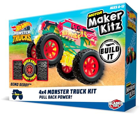 BLADEZ Hot Wheels Monster Trucks, 4x4 Pull Back Vehicle for kids, Licensed Build Kit, Assortment of Colours and Styles, 6 to collect, Motor Maker Kitz Toyz