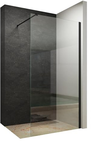 AQUABATOS 90x200cm Walk In Dusche schwarz matt 10mm Klarglas mit Nano Beschichtung Duschwand Glas Duschabtrennung Duschtrennwand Glastrennwand Glaswand für Duschwanne mit 90° Stabilisator