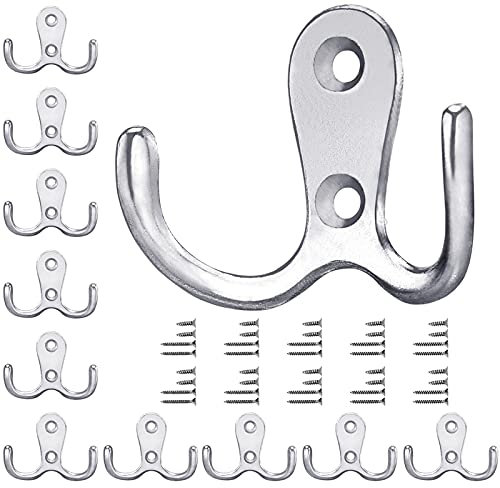 Gorffy Kleiderhaken Silber, 10 Stück Garderobenhaken Vintage mit Schrauben, Metall Doppelhaken Wandhaken, Kleiderhaken Wand für Bad, Küche (Silber, 10 Stück)