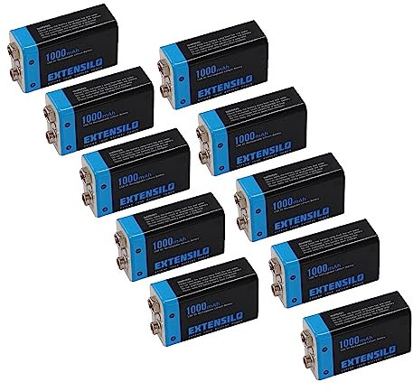 EXTENSILO 10x batteria da 9V compatibile con diversi dispositivi (1000mAh, 9V, Li-Ion), ricaricabile, ready-to-use, con porta Micro USB
