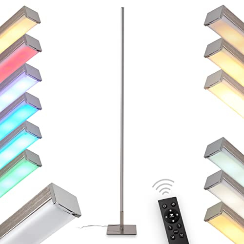 Lampada da terra LED Minacar, lampada da terra dimmerabile in metallo in nichel/bianco opaco, 14,5 watt, 1500lm, 2700-5000K, con cambiacolori RGB e telecomando, funzione memoria ed effetto arcobaleno