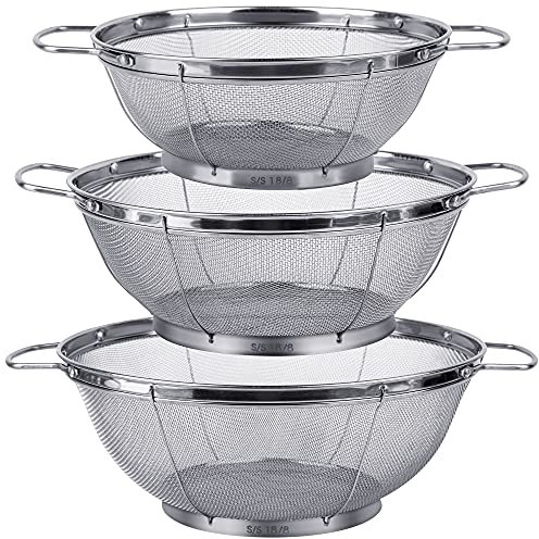 3 Pack 18/8 Stainless Steel Colander Sieves(5-Quart, 4-Quart and 3-Quart), Mesh Strainer Net Baskets with Handles & Resting Base for Strain, Drain, Rinse or Steam