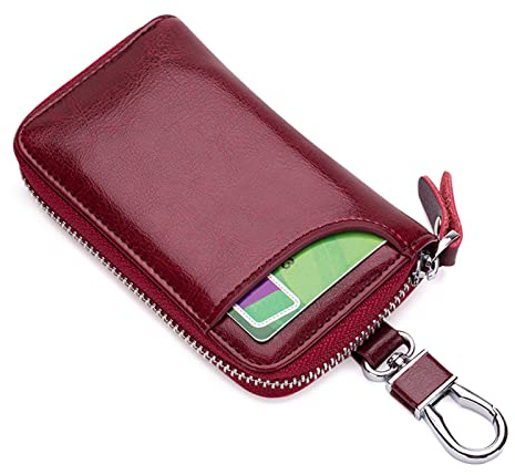 PORRASSO Etuis Porte Clés Véritable Cuir Pochette Porte Cles Voiture Clé Cas Porte-Monnaie Portable Key Case avec 6 Crochet Clip pour Hommes Femme Vin Rouge