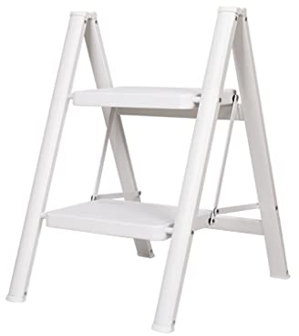 ARIIKON Scala a 2 Gradini Pieghevole in Acciaio al carbonio, Scaletta Domestica con Pedale Largo Antiscivolo, Sgabello Leggera e Portatile, Portata Massima 150kg, per Casa Cucina Garage, Bianco