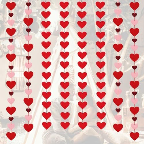 UPINLOOK Valentines Day Felt Heart Hanging Garland Decorations, 8 Packs Pink Red Heart Hanging String Garlands for Valentines Wedding Anniversary Birthday Party Supplies, NO DIY