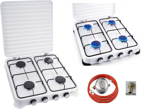 SMH LINE® Réchaud à gaz de camping 4 feux avec tuyau et régulateur 50 mbar Propane 10 kW Plaque de cuisson Camping Bouteille de gaz Cuisinière d'extérieur Réchaud de table XL