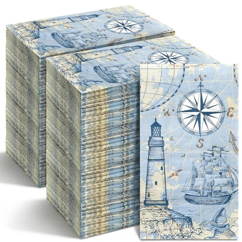 Moinchore 200 Pcs Blue Nautical Decorative Paper Napkins Lighthouse Paper Hand Towels Summer Anchor Guest Napkins for Bathroom Beach Coastal Disposable Hand Towels for Baby Shower Holiday Party