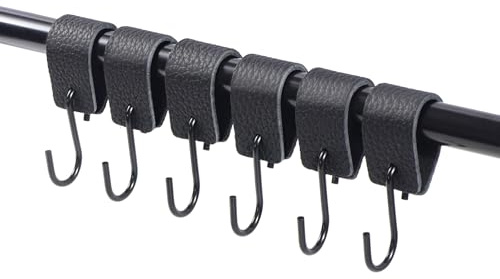 Feligio Crochet S en Cuir 6 Pcs, Crochets Inox 304, Crochets Avec Bande de Cuir, Crochet en S Pour Suspendre Lampes de Camping, Vêtements, Serviettes, Cuisine