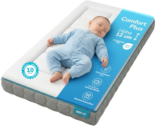 AMORI Colchon Cuna 60x120 cm | Viscoelastico 2cm | 12cm Grosor Certificado UNE-EN 16890 | Funda Lavable | Invierno - Verano | Antiácaro | Certificado Oeko-Tex | Hipoalergenico Comfort Plus
