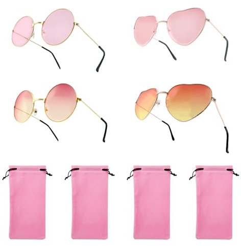 4 Pairs Small Size Colored Retro Round Sunglasses, Fancy Hippy Heart Shaped Glasses, Metal Circle Frames Pink Sunglasses with Storage Bags, Funky Rose Gold Frame Gradient Glasses for Festival Party
