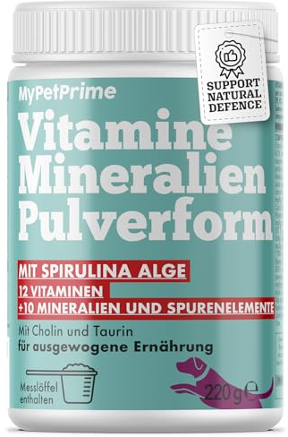 MyPetPrime Multivitamines pour Chiens | Équilibre la Diète Maison et Barf | 12 Vitamines + 10 minéraux | avec Algue Spiruline | en Poudre | 220g