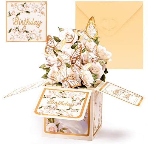 Carte d'Anniversaire 3D pour Femme avec Motif Papillon Pop Up, Inclut Enveloppe, Idéale pour Mère, Fille, Fête des Mères, Anniversaire de Mariage et Carte de Remerciement - Blanc
