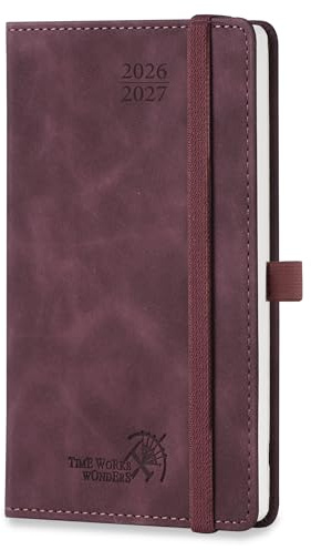 POPRUN Agenda Pocket 2026 2027 Veckoagenda 16,5 x 9 cm från Aug'26 - Dec'27, 17 Månader Liten Skolplanerare, Hårt PU Denimskinn Läderomslag med Tidsindelning, Papper 80 gsm,Bordeaux röd | 17-månaders mötesplanerare, (aug.2026-dec2027), kalender 2026 2027,1 vecka 2 sida med pennögla (vinröd)