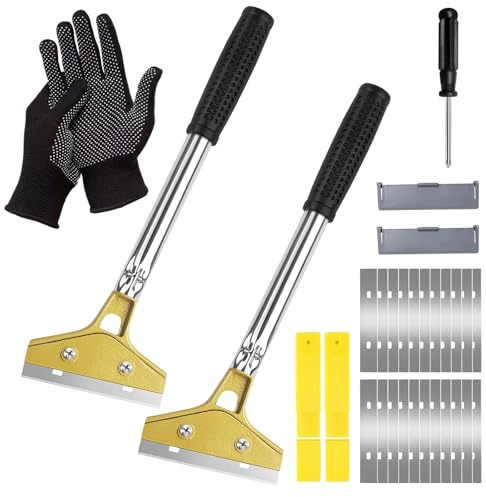 QingWing Industry Rasquetas Set con 20 Piezas Cuchillas, 30cm Larga Raspador y Rascavidrios Profesional con Destornillador y un par de Guantes, Rasqueta Cocina, para Espejos, Azulejos Limpieza