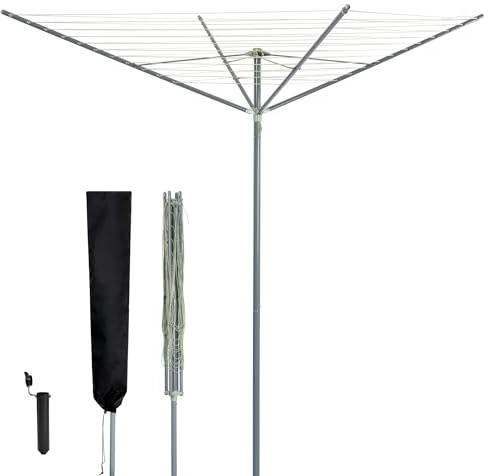 LIVIVO 4 Arm Rotary Washing Line - 45M Outdoor Clothes Line for Outside - Foldable Garden Rotary Outdoor Clothes Dryer Rotary Airer with Plastic Ground Spike and Cover - Grey