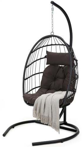 Warmiehomy Hanging Egg Chair Foldable Garden Egg Chairs with Stand Indoor Outdoor Swing Chair with Cushion Rattan Hammock Chair With Frame for Patio, Balcony, Living Room, Black+Grey