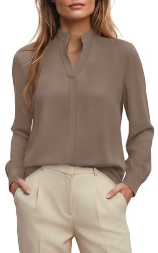 WIHOLL Long Sleeve Tops Blouses for Women UK V Neck Blouse Stand Collar Top Autumn Tunic Tops for Ladies